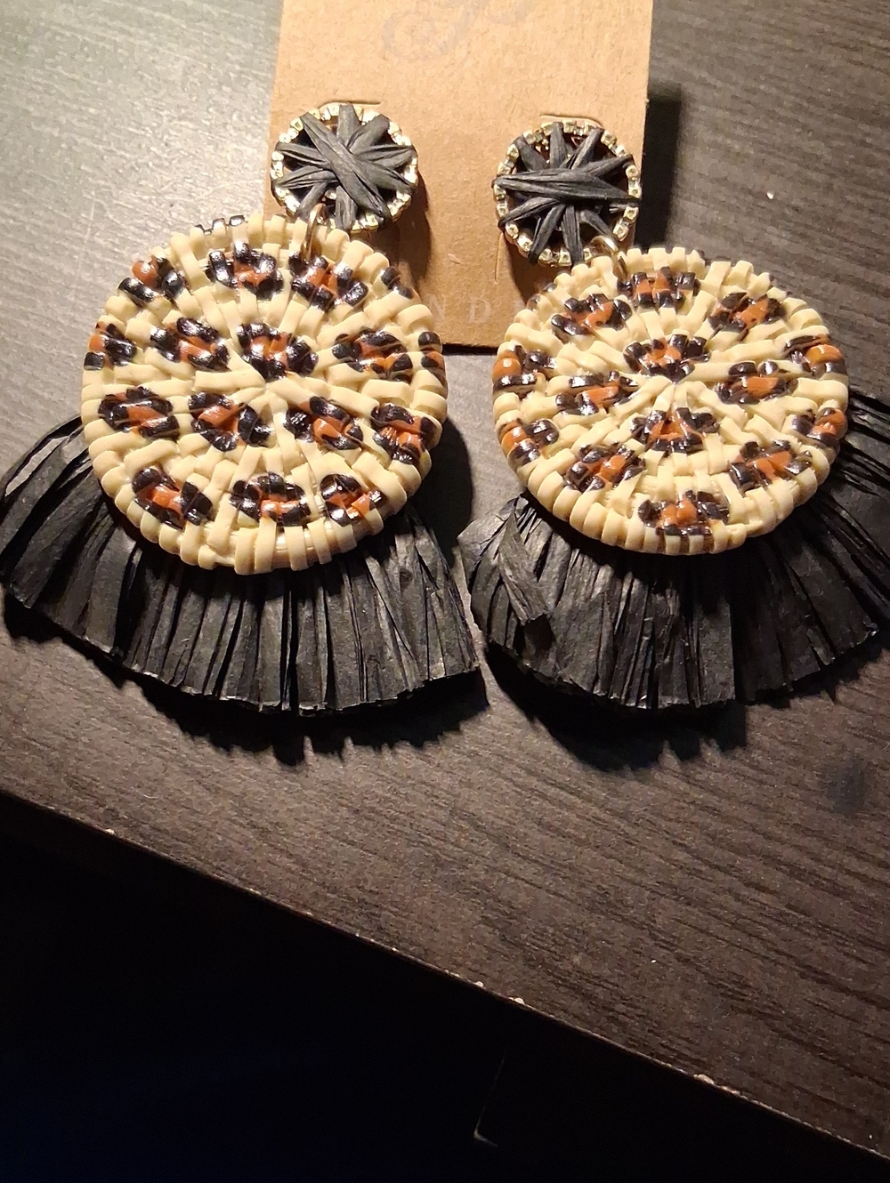 Plunder Raffia Round Fringe Earrings in Black and Cream with Brown Accents